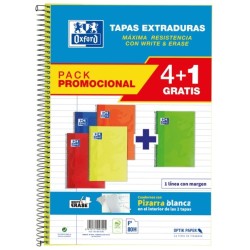 Oxford School Classic Write&Erase Pack 4+1 Fº - Caderno Espiral - Capa Extra Dura - 1 Linha com Margem - 80 Folhas - Cores