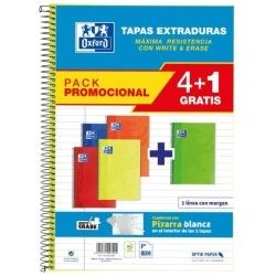 Oxford School Classic Write&Erase Pack 4+1 Fº - Cahier à spirale - Couverture extra rigide - 1 ligne avec marge - 80 feuilles