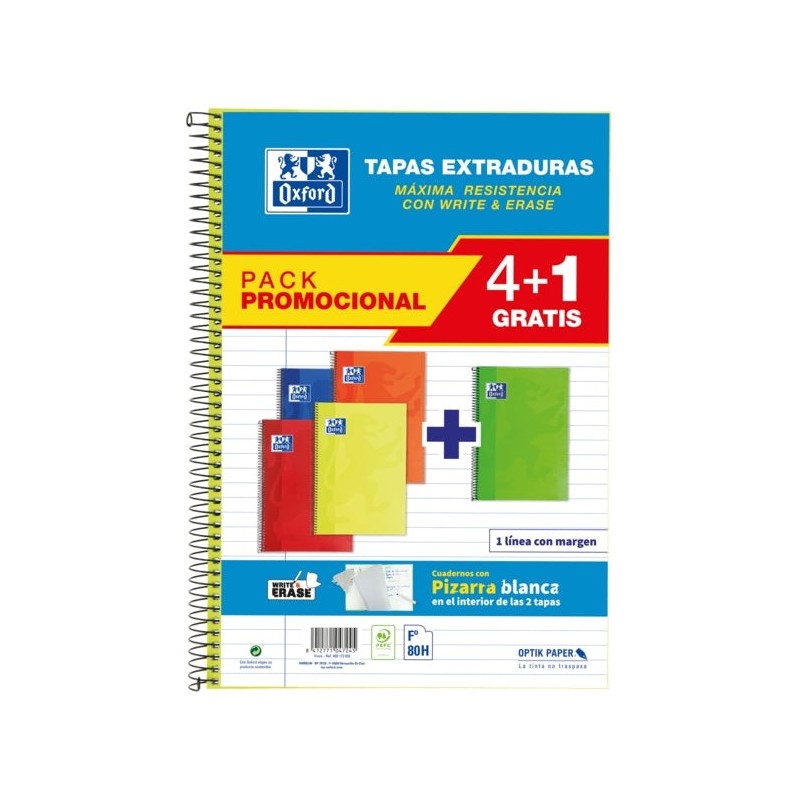 Oxford School Classic Write\u0026Erase Pack 4+1 Fº - Cuaderno Espiral - Tapa Extradura - 1 Linea con Margen - 80 Hojas