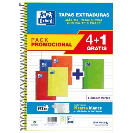 Oxford School Classic Write&Erase Pack 4+1 Fº - Cahier à spirale - Couverture extra rigide - 1 ligne avec marge - 80 feuilles
