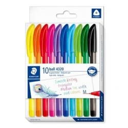 Pacote Staedtler Ball 4320 M com 10 Canetas Esferográficas 1mm - Escrita Suave - Corpo Triangular - Cores Sortidas