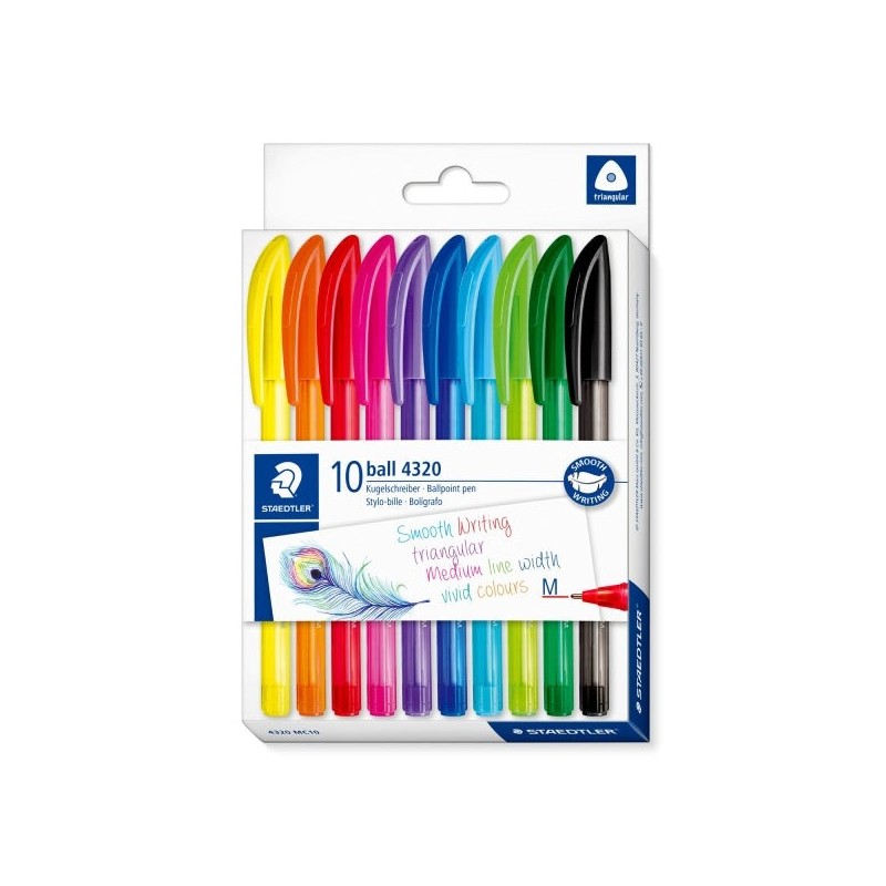 Staedtler Ball 4320 M Pack with 10 Ballpoint Pens 1mm - Smooth Writing - Triangular Body - Assorted Colors