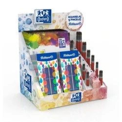 Présentoir Oxford avec 10 blocs aquarelle A4 - Présentoir avec 10 étuis aquarelle F355 - Pinceaux de différents formats