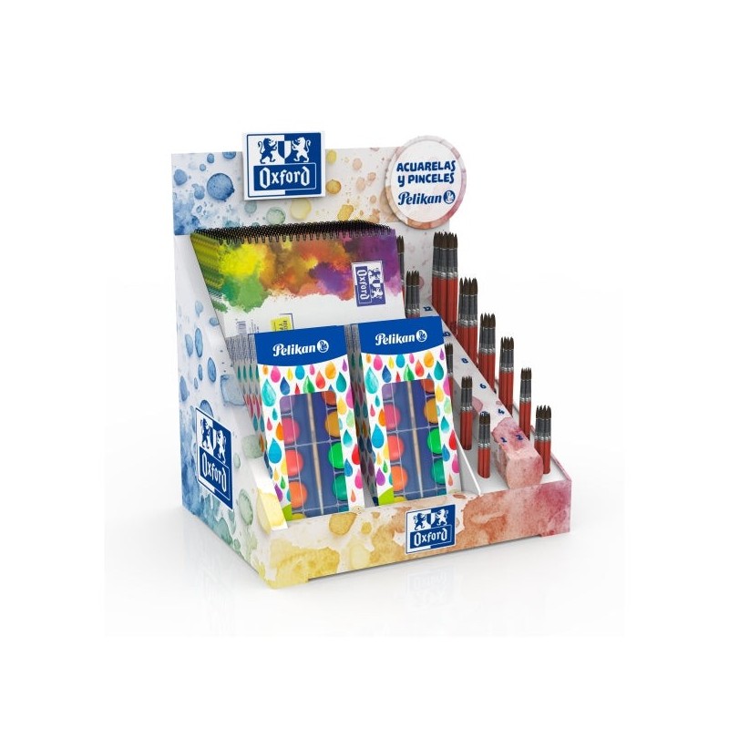 Présentoir Oxford avec 10 blocs aquarelle A4 - Présentoir avec 10 étuis aquarelle F355 - Pinceaux de différents formats
