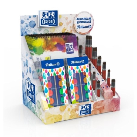 Présentoir Oxford avec 10 blocs aquarelle A4 - Présentoir avec 10 étuis aquarelle F355 - Pinceaux de différents formats