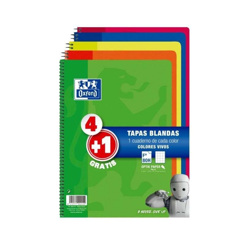 Oxford Pack 4+1 Cuadernos Espiral Formato Folio Cuadriculado 4x4mm - 80 Hojas - Tapa Blanda - Colores Surtidos