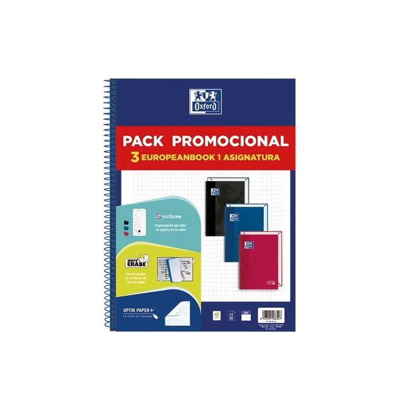 Oxford Europeanbook 1 Classic Pack de 3 Cahiers à Spirale Format A4+ Carrés 5x5mm - 80 Feuilles 90gr - Couverture Extra Rigide