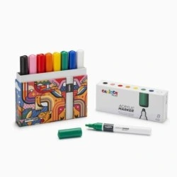 Carioca Plus Pack de 8 Marqueurs Acryliques dans Boite Rigide - Pointe 2mm - Encre Acrylique Super Pigmentée - Couleurs
