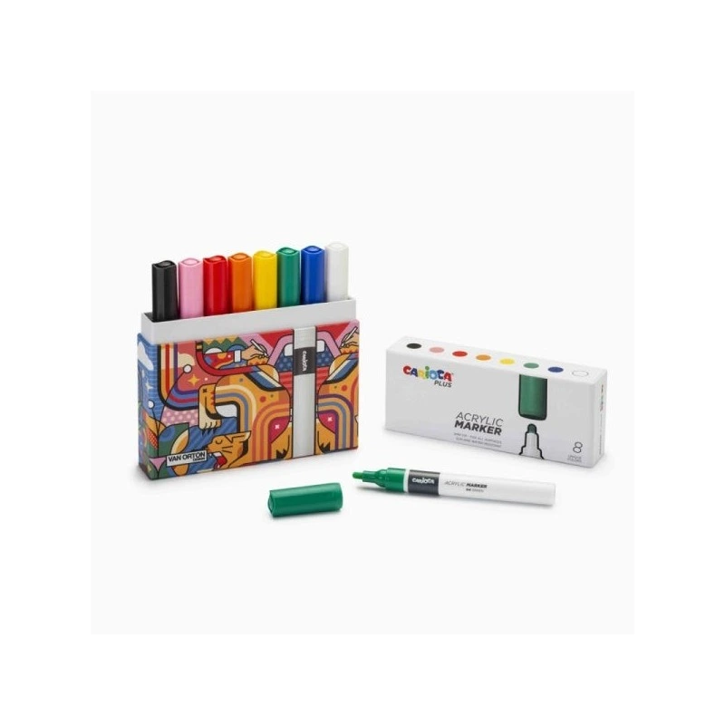 Carioca Plus Pack de 8 Marqueurs Acryliques dans Boite Rigide - Pointe 2mm - Encre Acrylique Super Pigmentée - Couleurs