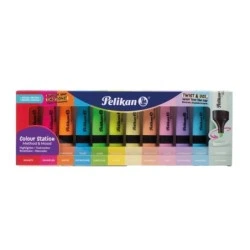 Pelikan Textmarker 490 Pack of 12 Pastel and Neon Fluorescent Markers - Water Based - Desk Organizer Base - Chisel Tip with 3