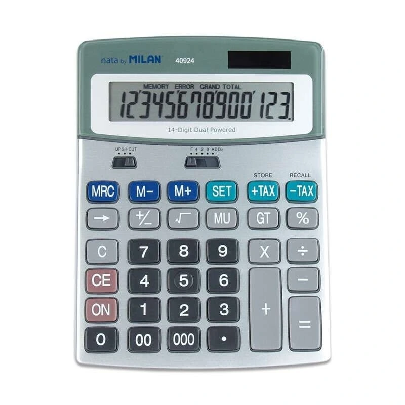 Calculatrices Milan à 14 chiffres - 3 touches mémoire - Fonction fiscale - Calcul de la marge - Couleur Gris
