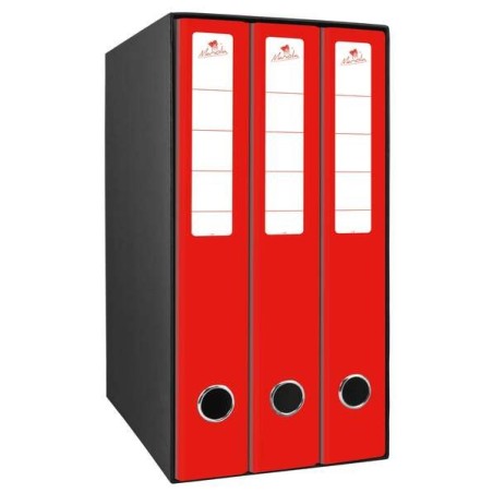 Mariola Box Module de 3 Classeurs avec Rado 2 Anneaux 40mm - Taille 35x26x17cm - Carton Doublé - Couleur Rouge