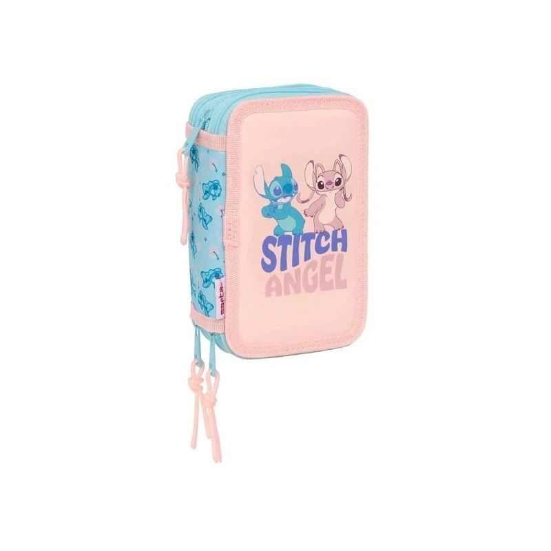 Safta Trousse Stitch Ohana 3 Tiers - 37 Pièces - 1,3L - Caoutchouc - Crayon - Stylos - Taille-crayon - Règles - 16 Couleurs