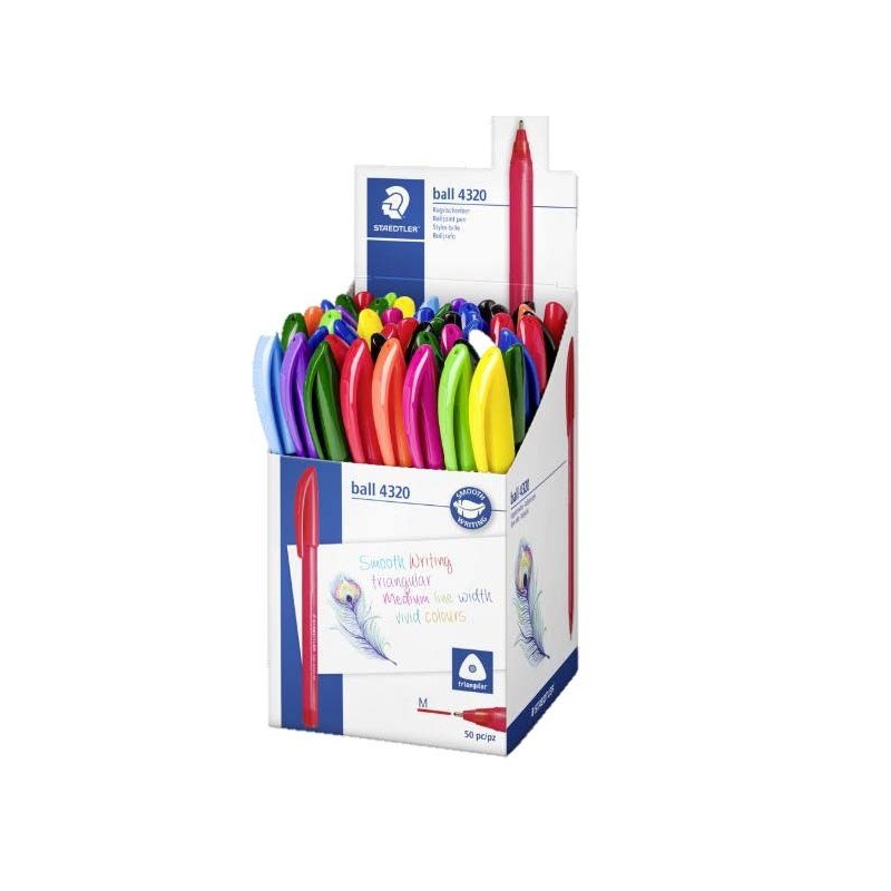 Staedtler Ball 4320 M Présentoir avec 50 stylos à bille 1 mm - Écriture fluide - Corps triangulaire - Couleurs assorties