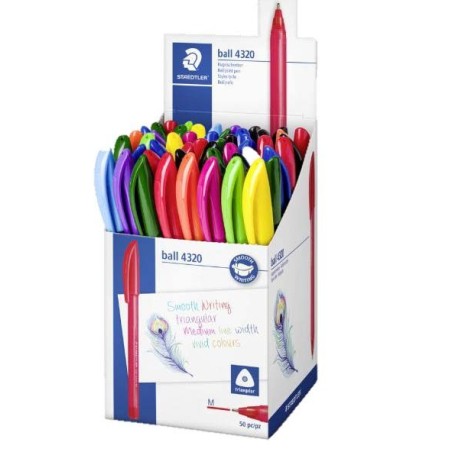 Staedtler Ball 4320 M Présentoir avec 50 stylos à bille 1 mm - Écriture fluide - Corps triangulaire - Couleurs assorties