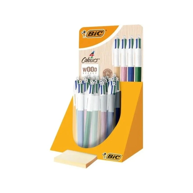 Présentoir de 30 stylos à bille rétractables Bic 4 Couleurs Style Bois - Pointe Moyenne 1,0 mm - Encre à base d'huile - Design