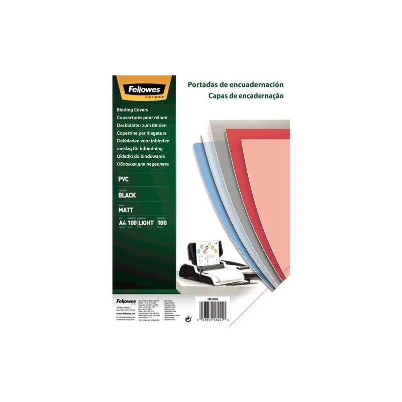 Fellowes Pack de 100 Portadas para Encuadernar de PVC A4 - 180 Micras - Acabado de Calidad - Color Negro