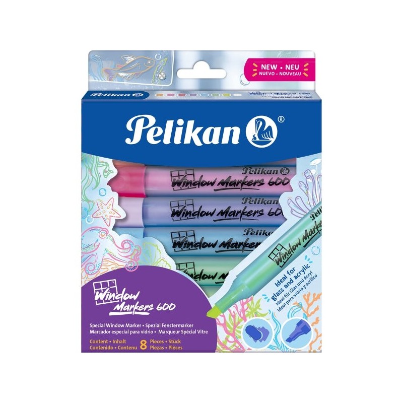 Pelikan Window Marker 600 Pack de 8 Marcadores para Superficies Lisas - Punta Biselada con 3 Grosores - Ideal para Uso en