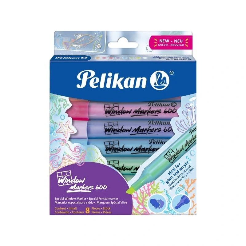 Pelikan Window Marker 600 Pack of 8 Markers for Smooth Surfaces - Chisel Tip with 3 Thicknesses - Ideal for Use on Glass
