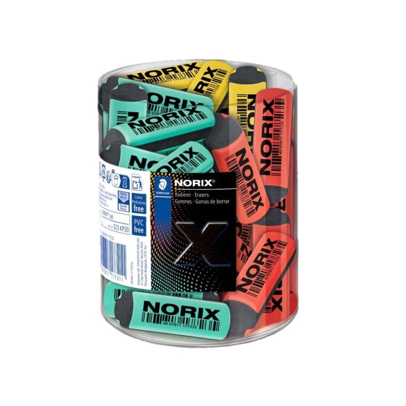 Présentoir Staedtler Norix avec 30 gommes - Sans PVC, phtalates ou latex - Déchets minimaux - Couleurs assorties