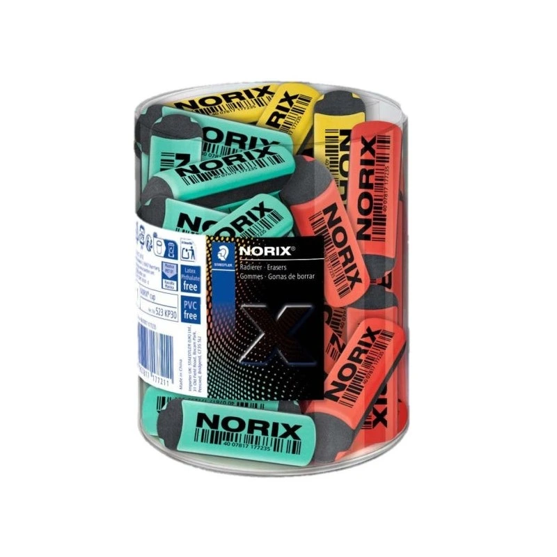 Staedtler Norix Expositor con 30 Gomas de Borrar - Sin PVC, Ftalatos ni Latex - Minimo Residuo - Colores Surtidos
