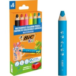 Bic Kids Multisurface Colored Pencils Pack of 6 + Sharpener - Triangular Body - Erasable Leads on Non-Porous Surfaces