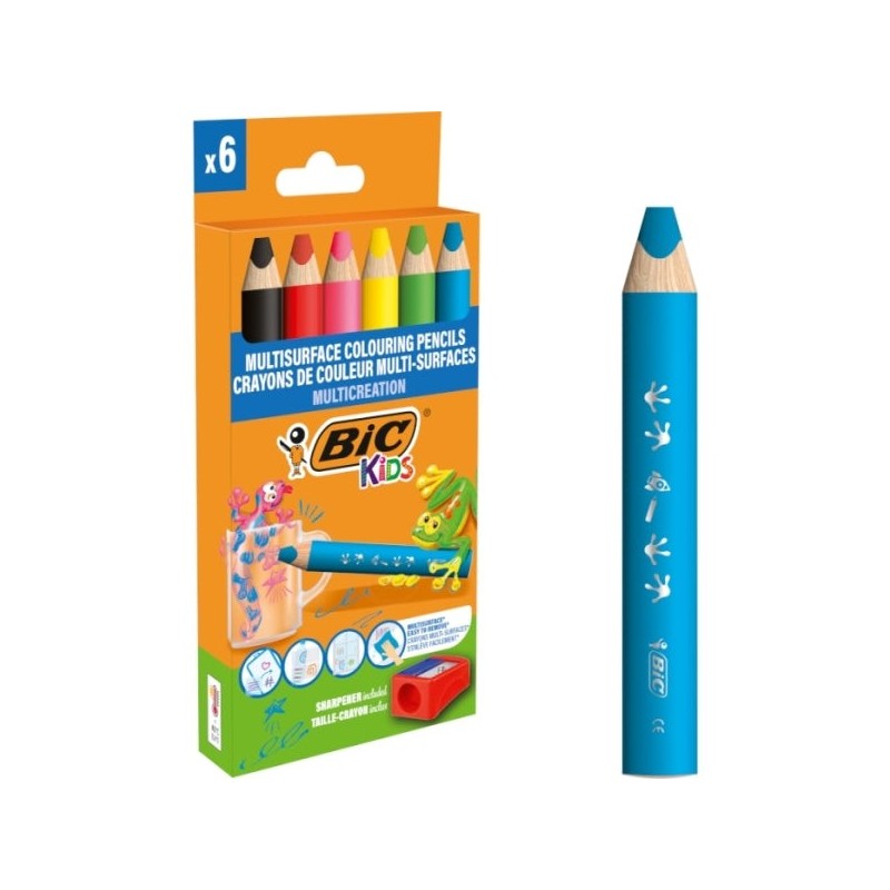Pacote de 6 lápis de cor multisuperfície Bic Kids + apontador - Corpo triangular - Pontas apagáveis em superfícies não porosas