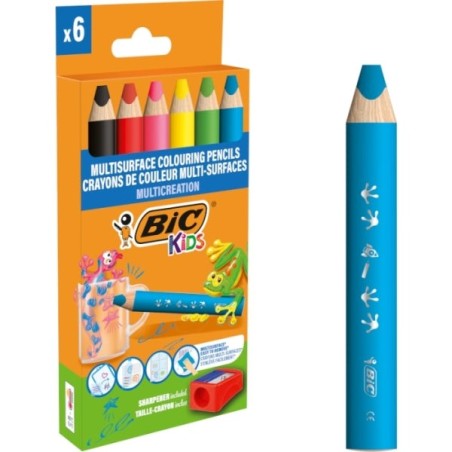 Bic Kids Multisuperficie Pack de 6 Lapices de Colores + Sacapuntas - Cuerpo Triangular - Minas Borrables en Superficies No