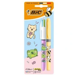 Pack Bic 4 Couleurs Décors Kawaii avec 1 Stylo Bille Rétractable Pastel + 1 Marqueur Grip Surligneur Pastel Couleur Aléatoire