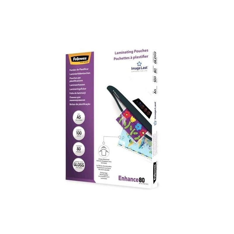 Fellowes Pack of 100 Glossy Laminating Sleeves A5 - 80 Microns - High Quality - Transparent