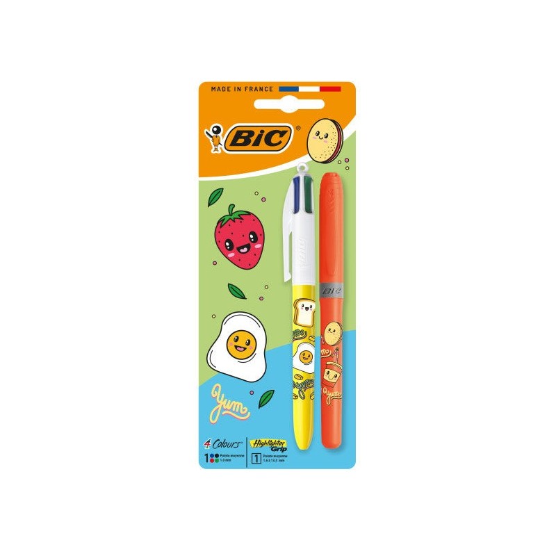 Pack Bic 4 Couleurs Décors Kawaii avec 1 Stylo Bille Rétractable + 1 Surligneur Couleur Aléatoire Grip Fluor Marker - Pointe