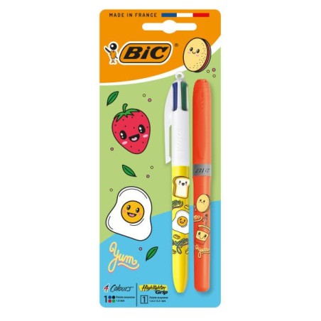 Pack Bic 4 Couleurs Décors Kawaii avec 1 Stylo Bille Rétractable + 1 Surligneur Couleur Aléatoire Grip Fluor Marker - Pointe