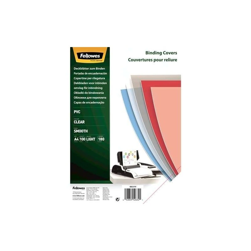 Fellowes Lot de 100 couvertures A4 en PVC 180 microns – Transparent
