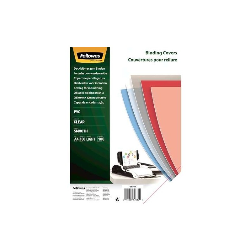 Fellowes Pack of 100 A4 PVC Binding Covers 180 Microns - Transparent