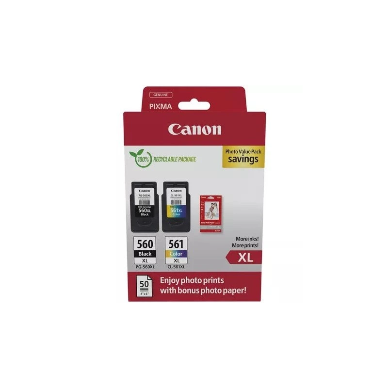 Canon PG560XL Preto + CL561XL Cor Pack de 2 Tinteiros Originais - 50 Folhas de Papel Fotográfico - 3712C008/3712C004
