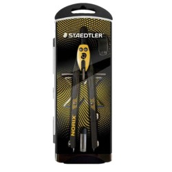 Bússola escolar de metal de precisão Staedtler Norix 555 - Mecanismo de botão e ajuste da roda central - Cor Amarelo/Preto