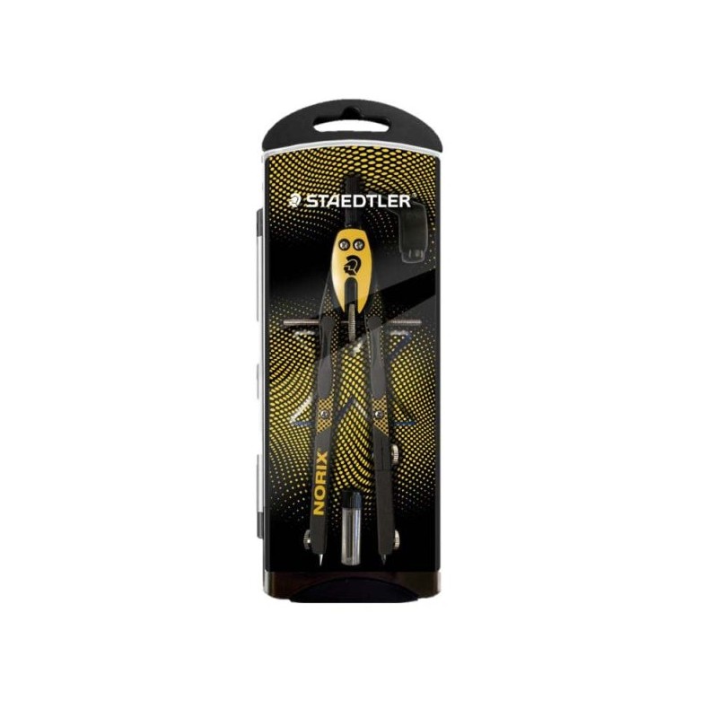 Staedtler Norix 555 Compas Metalico Escolar de Precision - Mecanismo Pulsador y Ajuste por Rueda Central - Color Amarillo/Negro