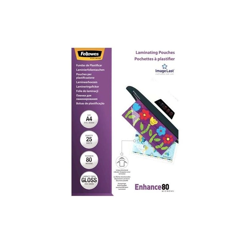 Pacote Fellowes de 25 mangas de laminação brilhantes A4 - 80 mícrons - Alta qualidade - Transparente