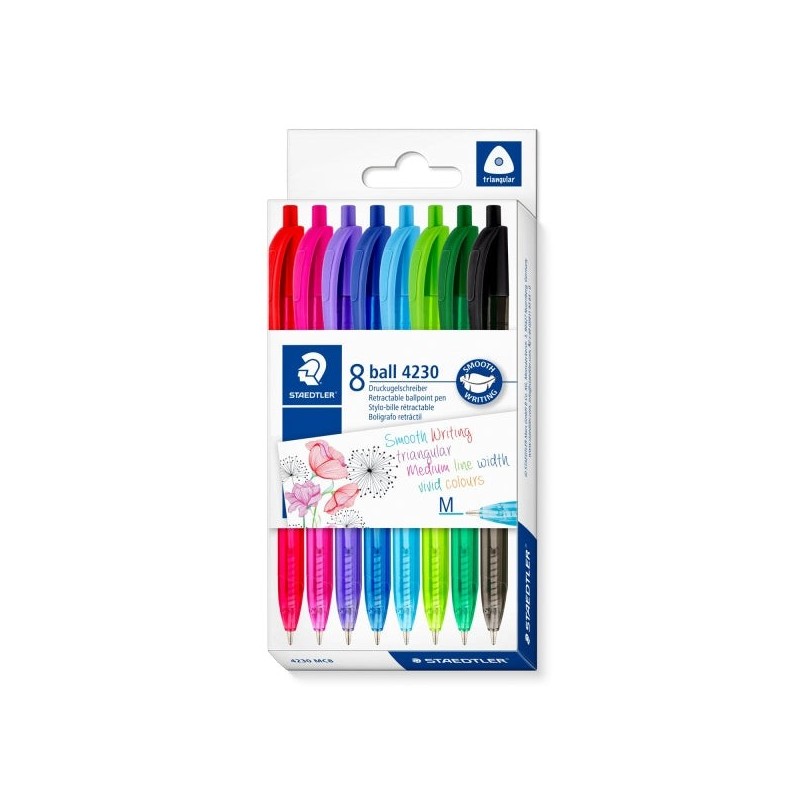 Staedtler 4230 M Pack with 8 Retractable Pens - 1mm Tip - Medium Line Width - Triangular Design - Assorted Colors