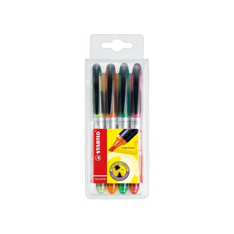 Stabilo Navigator Pacote de 4 Marcadores Fluorescentes - Grip Zone - Design Slim - Clip Prático para Transportar - Linha entre