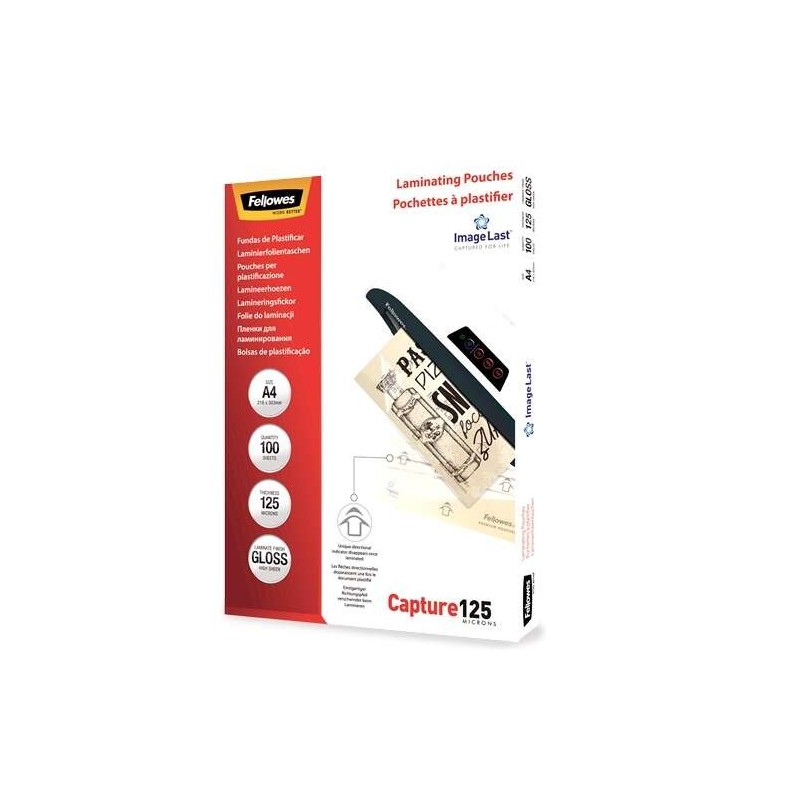 Fellowes Pack of 100 A4 Glossy Laminating Sleeves - 125 Microns - High Quality - Transparent