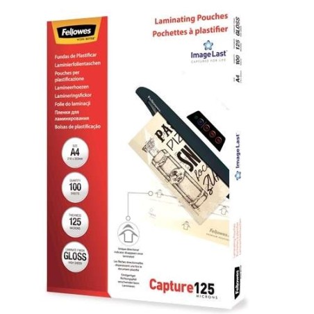 Fellowes Pack of 100 A4 Glossy Laminating Sleeves - 125 Microns - High Quality - Transparent