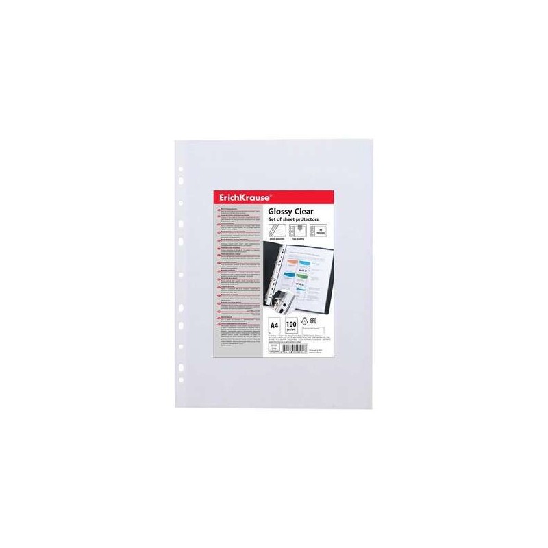 Erichkrause Glossy Clear Pack de 100 Pochettes A4 60mic Multi-trous - 11 Trous - Finition Brillante Transparente