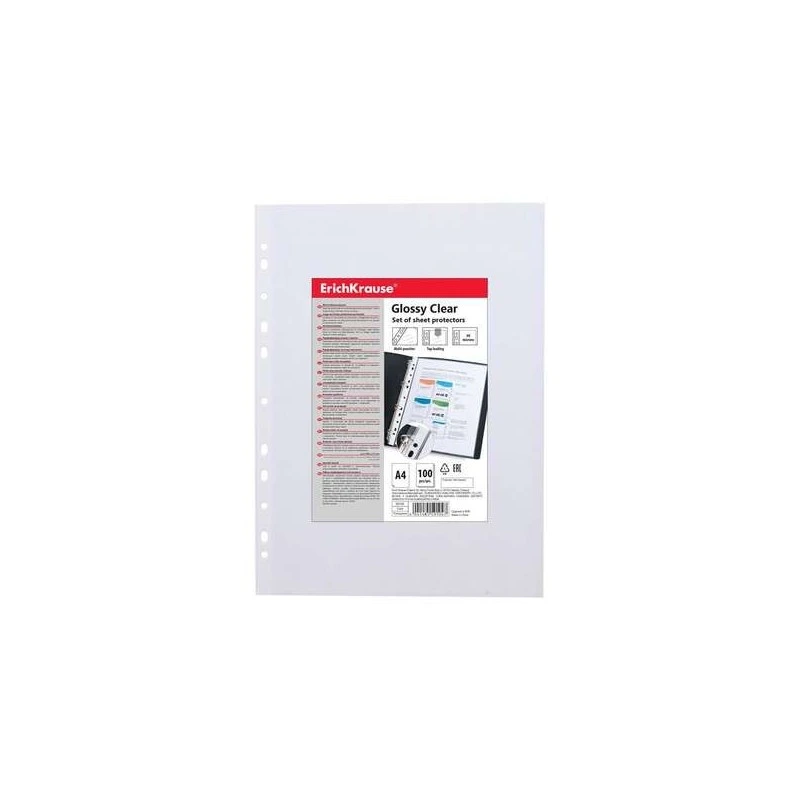 Erichkrause Glossy Clear Pack de 100 Pochettes A4 60mic Multi-trous - 11 Trous - Finition Brillante Transparente