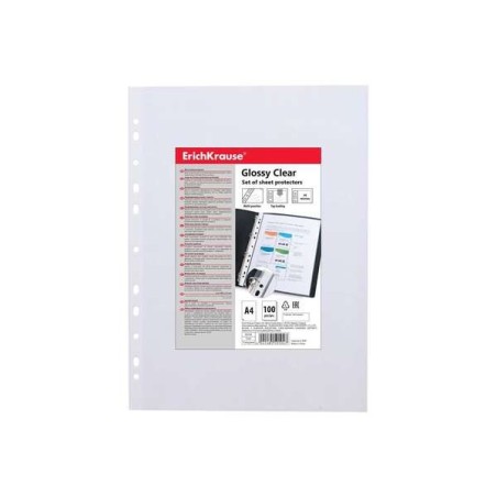 Erichkrause Glossy Clear Pack de 100 Pochettes A4 60mic Multi-trous - 11 Trous - Finition Brillante Transparente