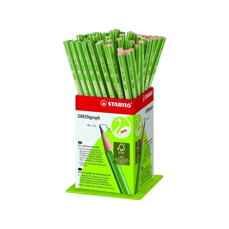 Présentoir Stabilo GREENgraph avec 60 crayons graphite - Mine HB 2,2 mm - Bois 100 % cultivé de manière durable - Corps vert