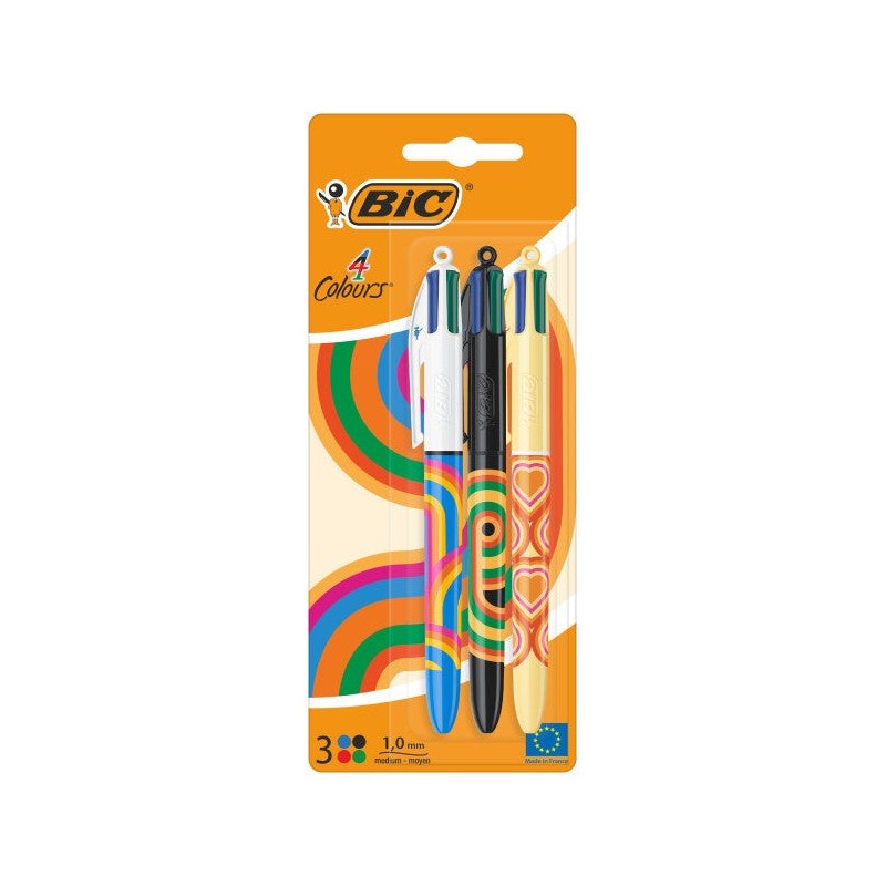 Bic 4 Colors Decors Pack de 3 Stylos à Bille Rétractables - Pointe Moyenne 1,0 mm - Encre à Base d'Huile - 4 Couleurs