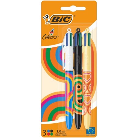 Bic 4 Colors Decors Pack de 3 Stylos à Bille Rétractables - Pointe Moyenne 1,0 mm - Encre à Base d'Huile - 4 Couleurs