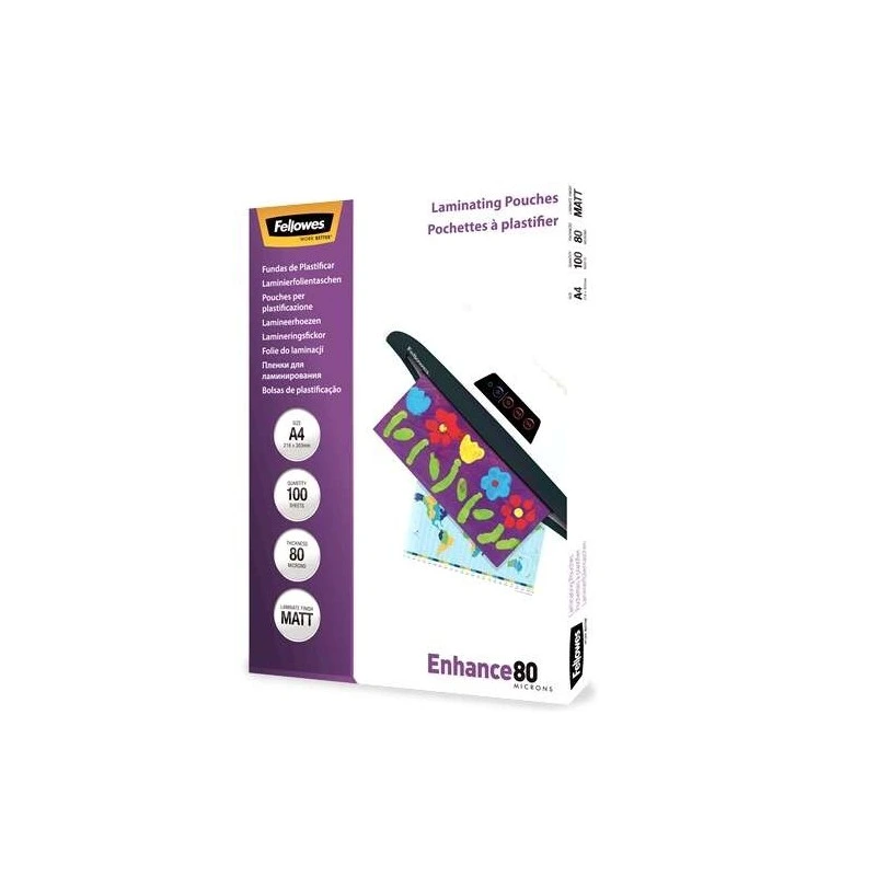 Fellowes Pack of 100 A4 Matte Laminating Sleeves - 80 Microns - High Quality - Transparent