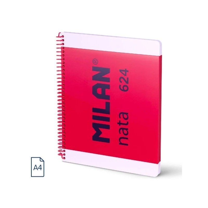 Cahier à Spirale Milan Nata 624 Format A4 Ligné 7mm - 80 Feuilles de 95 gr/m2 - Micro-perforé, 4 Trous - Couleur Rose